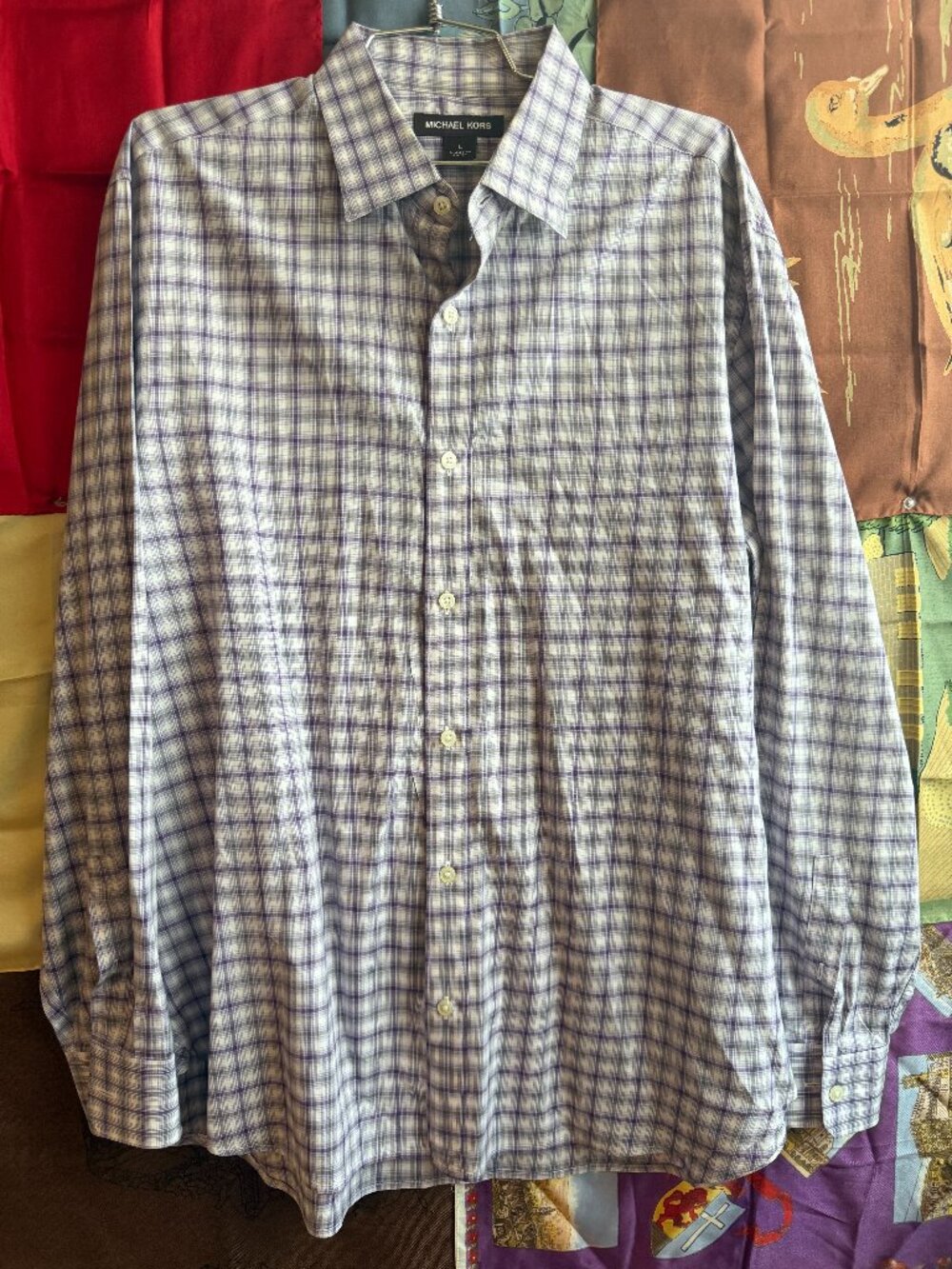Michael Kors Mens Long Sleeve Button Up Shirt L Purple Blue Plaid Cotton